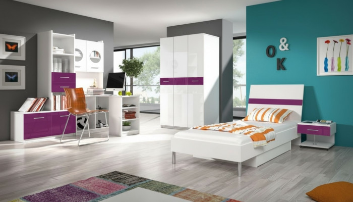 Bett + Nachttisch Schlafzimmer Jugendzimmer Kinderzimmer Set Möbel Lila 2tlg.