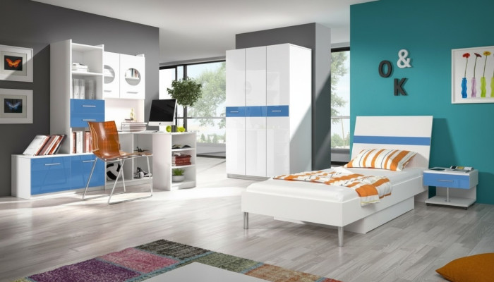 Bett + Nachttisch Schlafzimmer Jugendzimmer Kinderzimmer Set Möbel 2tlg. Blau