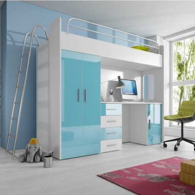Blau Doppelstockbett Holz Etagen Bett Mädchen Hochglanz mit Schreibtisch Schrank