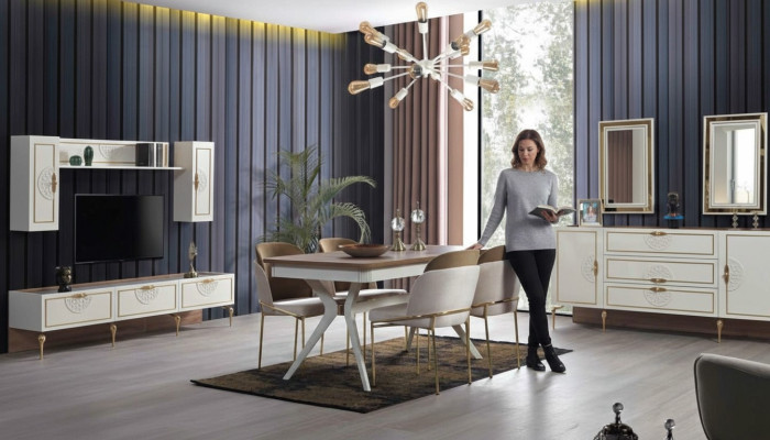 Esszimmer Garnitur Esstisch 4x Stuhl Kommode Gruppe Tisch 8tlg. Set