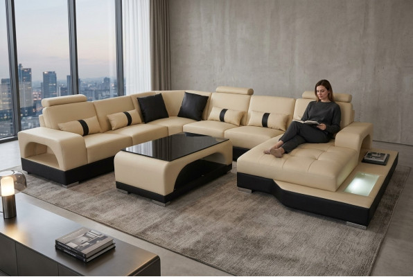 Leder Sofa Moderne Couch Design Wohnlandschaft + Tisch Eck Couchen Sitz mit USB