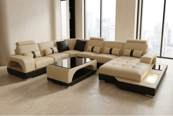 Leder Sofa Moderne Couch Design Wohnlandschaft + Tisch Eck Couchen Sitz mit USB