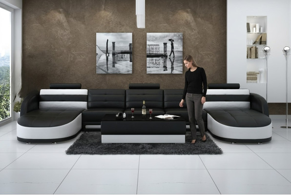 Design Leder Wohnlandschaft Eck Sofa Moderne Garnitur Couch Ecke USB Neu Schwarz