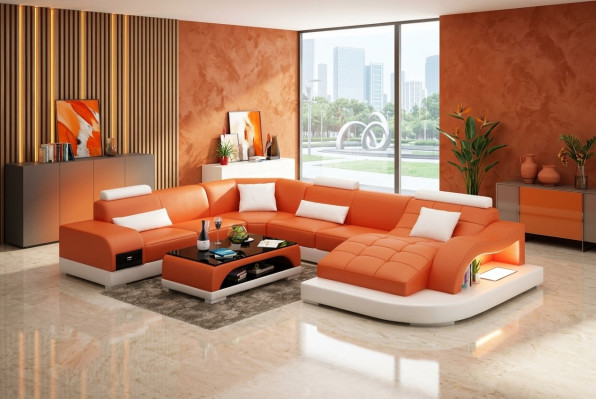 Ledersofa Couch Wohnlandschaft Ecksofa Eck Garnitur Design Modern Sofa USB Neu