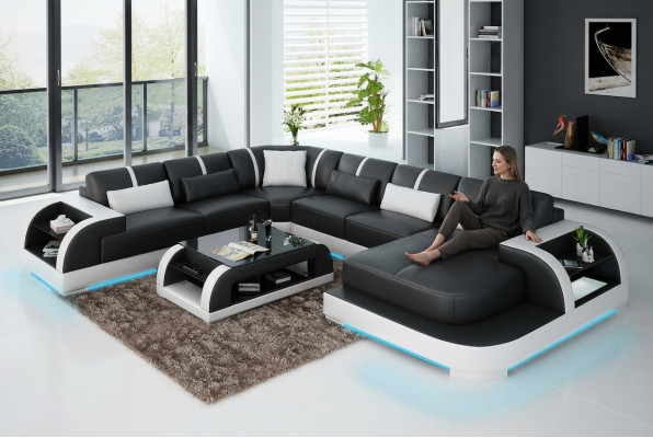 Modern Ledersofa Couch Wohnlandschaft Design Ecksofa Eck Garnitur Sofa Licht USB