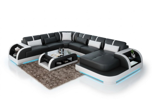 Modern Ledersofa Couch Wohnlandschaft Design Ecksofa Eck Garnitur Sofa Licht USB