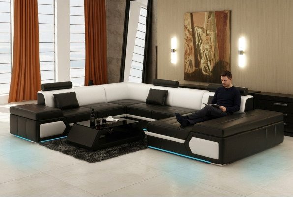 Ledersofa Sofa Couch Wohnlandschaft Ecksofa Garnitur Design Modern Schwarz +USB