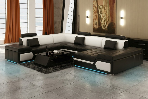 Ledersofa Sofa Couch Wohnlandschaft Ecksofa Garnitur Design Modern Schwarz +USB