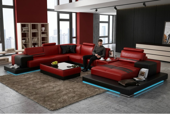 Ledersofa Couch Wohnlandschaft Ecksofa Eck Garnitur Design Modern Sofa + USB