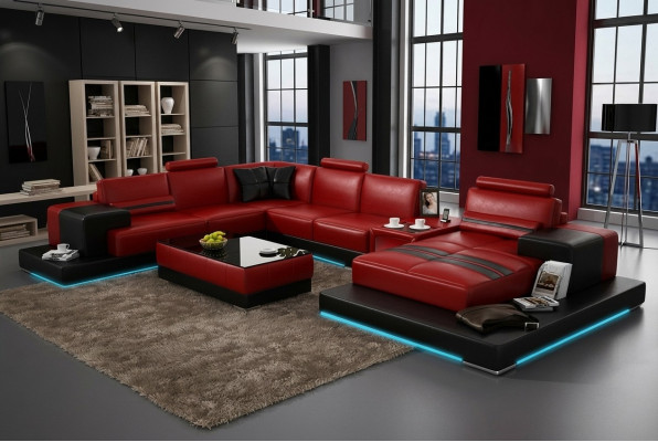 Ledersofa Couch Wohnlandschaft Ecksofa Eck Garnitur Design Modern Sofa + USB