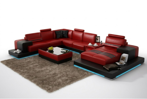 Ledersofa Couch Wohnlandschaft Ecksofa Eck Garnitur Design Modern Sofa + USB