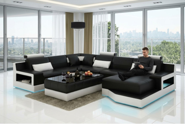 Design Leder Wohnlandschaft Eck Sofa Moderne Garnitur Couch Ecke Schwarz USB Neu