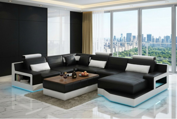 Design Leder Wohnlandschaft Eck Sofa Moderne Garnitur Couch Ecke Schwarz USB Neu
