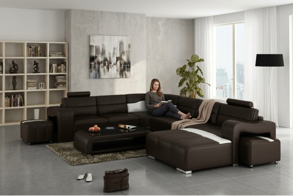 Ledersofa Couch Wohnlandschaft Ecksofa Eck Garnitur Design Modern Sofa mit USB