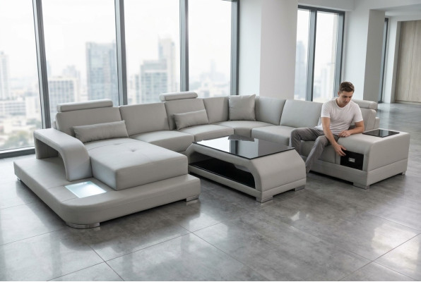 Ledersofa Wohnlandschaft Ecksofa Sitzecke Sitzgarnitur Sofa Couch + USB + Tisch