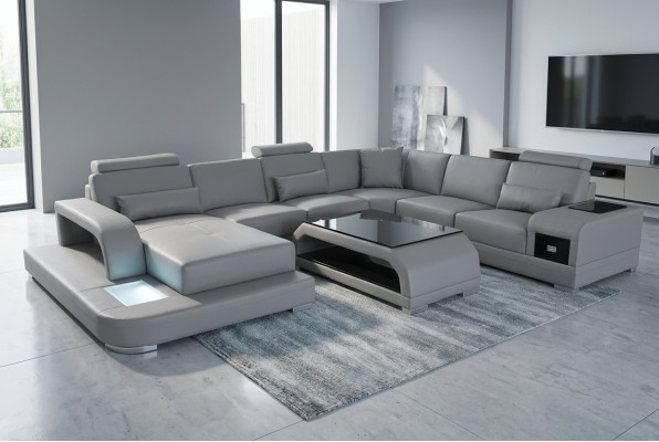Ledersofa Wohnlandschaft Ecksofa Sitzecke Sitzgarnitur Sofa Couch + USB + Tisch