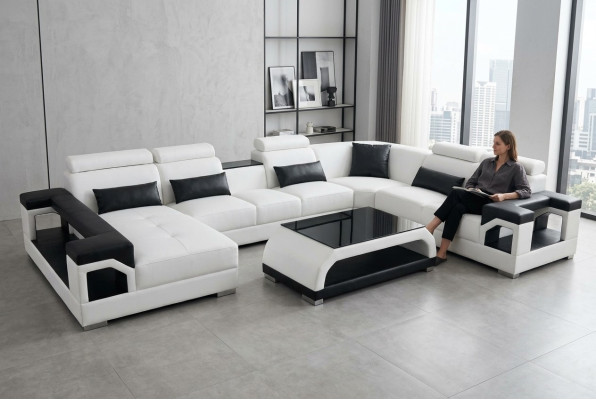 Leder Eck Couchen Sofa Moderne Sitz Couch Design Wohnlandschaft + Tisch + USB