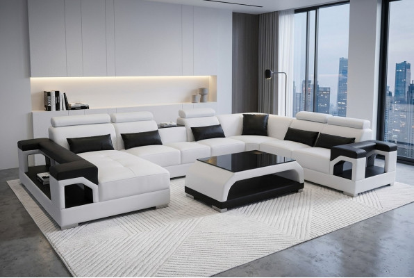 Leder Eck Couchen Sofa Moderne Sitz Couch Design Wohnlandschaft + Tisch + USB