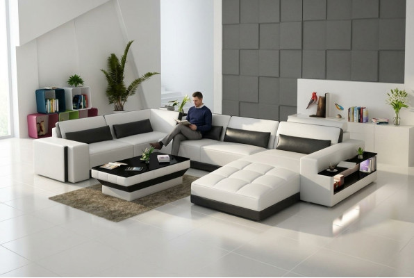 Ledersofa mit USB Couch Wohnlandschaft Ecksofa Eck Garnitur Design Modern Sofa
