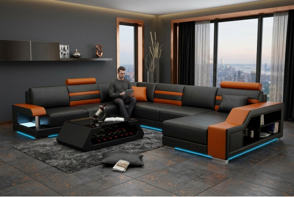 Design Sofa Ecksofa Wohnlandschaft mit Regal Polster Sitz Garnitur Ledersofa USB