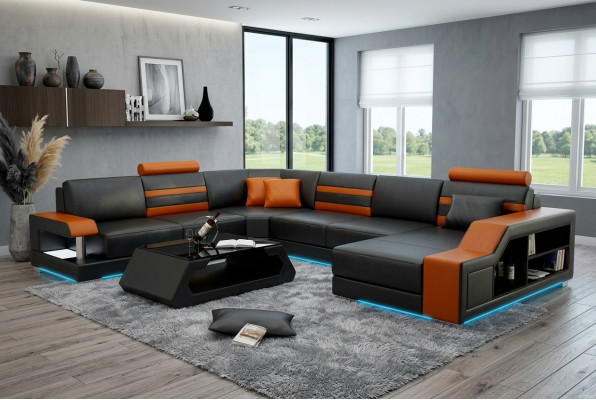 Design Sofa Ecksofa Wohnlandschaft mit Regal Polster Sitz Garnitur Ledersofa USB