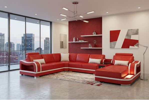 Ledersofa mit USB Couch Wohnlandschaft Garnitur Design Modern Ecke Sofa U Form