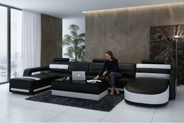 Ledersofa Sofa Couch Wohnlandschaft Ecksofa Garnitur Design Modern Sofa mit USB