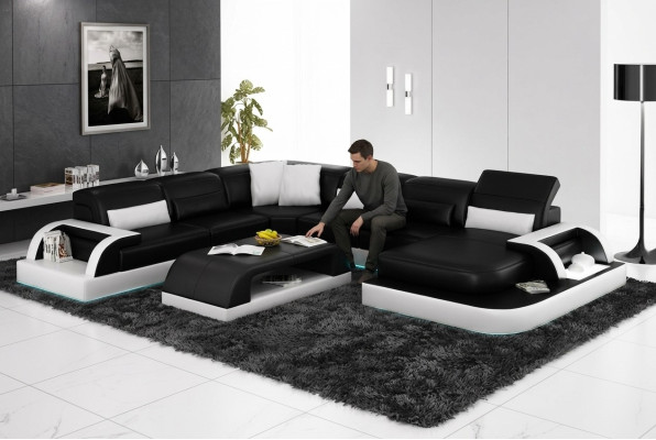 Sofa Ecksofa Design Wohnlandschaft Schwarz Polster Sitz Garnitur Ledersofa USB