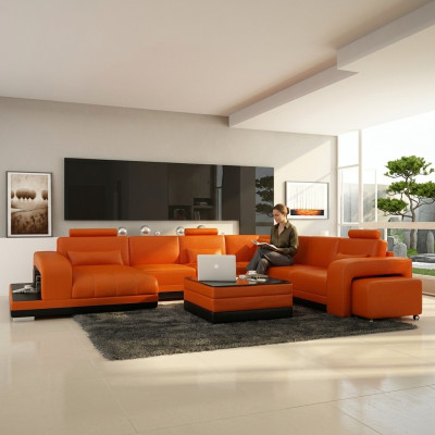 Design Leder Wohnlandschaft Eck Sofa Moderne Garnitur Couch Ecke Neu Orange USB