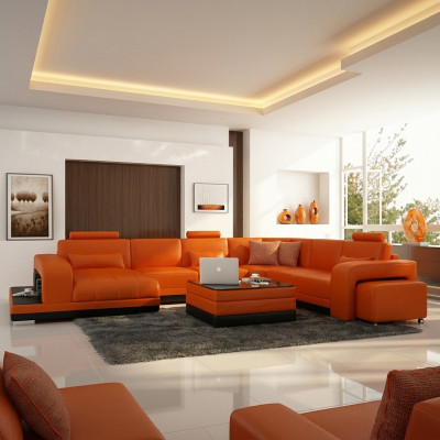 Design Leder Wohnlandschaft Eck Sofa Moderne Garnitur Couch Ecke Neu Orange USB