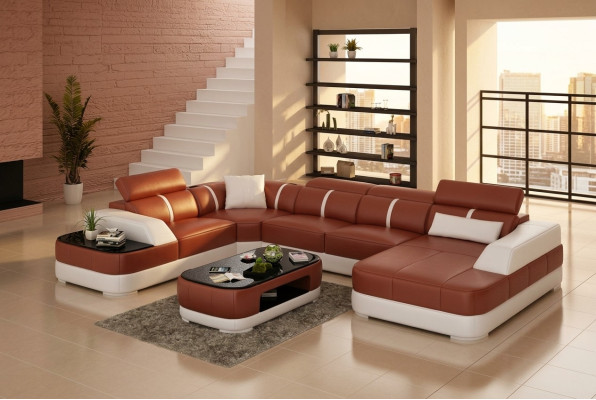 Ledersofa Polster Sitz Eck Sofa Garnitur Wohnlandschaft Wohnzimmer Couch mit USB