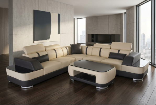 Eck Sofa + USB Leder Polster Ecke Garnitur Couchen L Form+Tisch Wohnlandschaft