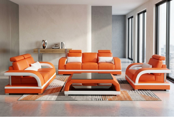 Sofa Couch Leder Polster Sitz Couch Garnitur 3+2+1 USB + Tisch Set Design Sofa