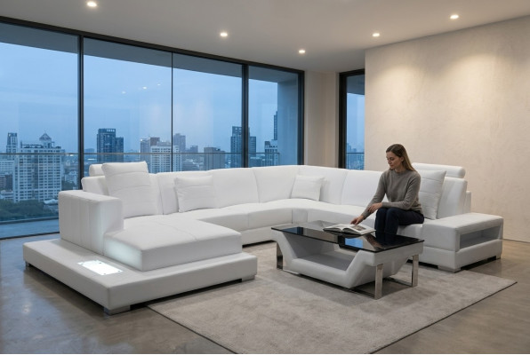 Ledersofa Ecksofa Wohnlandschaft Couch Polster Eckgarnitur Sitzecke + Tisch +USB
