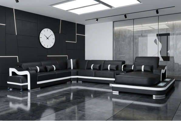 Leder Couch Polster Sitz Design Eck Garnitur Sofa Wohnlandschaft + Licht + USB