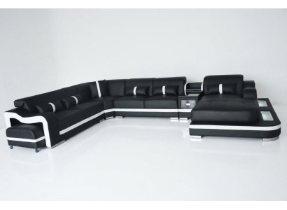 Leder Couch Polster Sitz Design Eck Garnitur Sofa Wohnlandschaft + Licht + USB