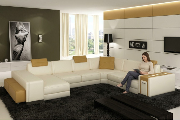Wohnlandschaft Designer Sofa LED USB Couch Big Polster Leder Sofas Eck Ecke Sitz