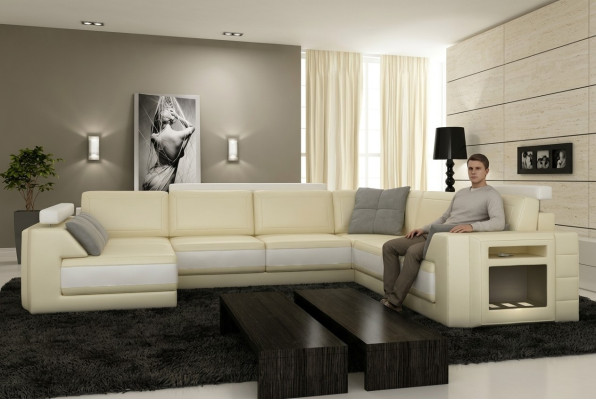 Designersofa mit USB Ecksofa Couch Ledersofa Polster Sitz Eck Garnitur +Licht