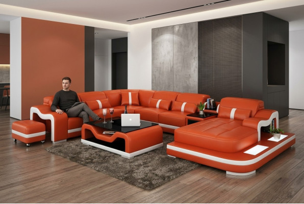 Ledersofa mit USB Couch Wohnlandschaft Ecksofa Eck Garnitur Design Modern Sofa