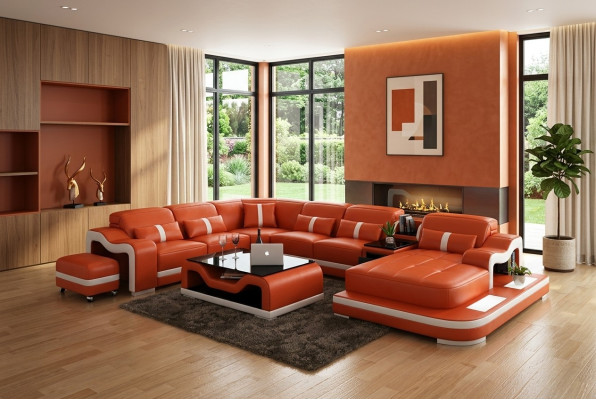 Ledersofa mit USB Couch Wohnlandschaft Ecksofa Eck Garnitur Design Modern Sofa