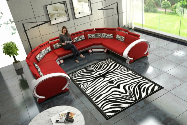 Ledersofa mit USB Polstersofa Sofa Garnitur Wohnlandschaft Eckcouch Ecksofa Rot
