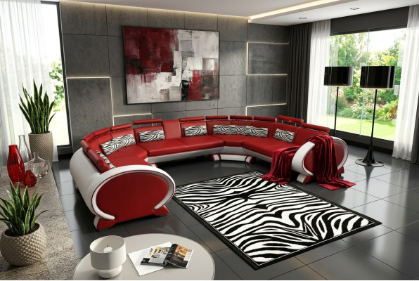 Ledersofa mit USB Polstersofa Sofa Garnitur Wohnlandschaft Eckcouch Ecksofa Rot