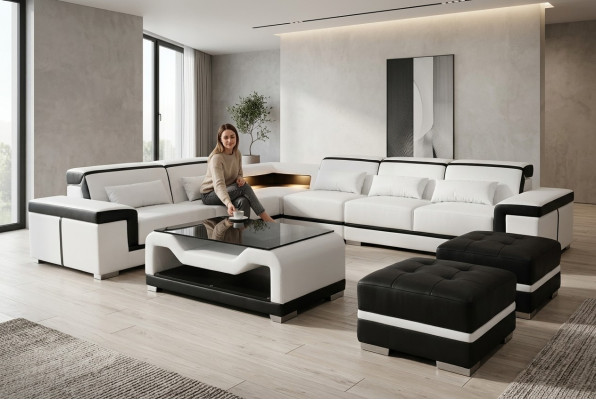 Leder Sofa mit USB Polster Eck Couch Garnitur Wohnlandschaft Tisch Hocker