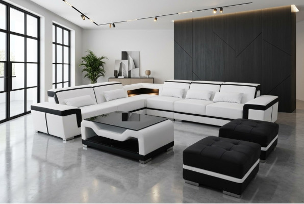 Leder Sofa mit USB Polster Eck Couch Garnitur Wohnlandschaft Tisch Hocker