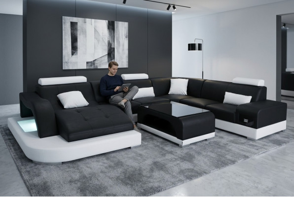 Leder Sofa mit USB Moderne Sitz Couch Polster Design Eck Wohnlandschaft Tisch
