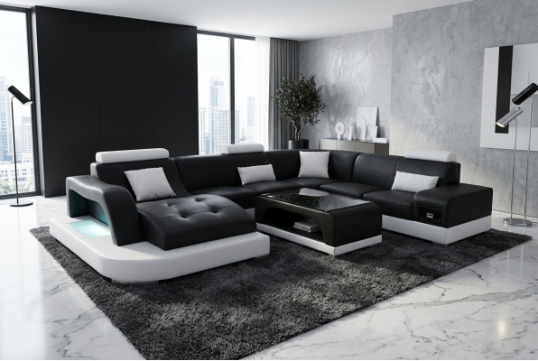 Leder Sofa mit USB Moderne Sitz Couch Polster Design Eck Wohnlandschaft Tisch