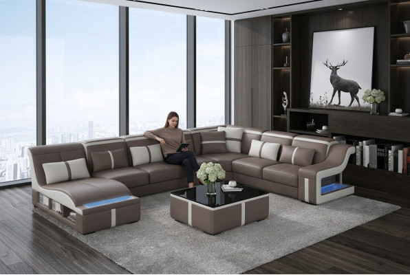 Ledersofa Wohnlandschaft Ecksofa Garnitur Design Modern Sofa U-Form mit USB Neu