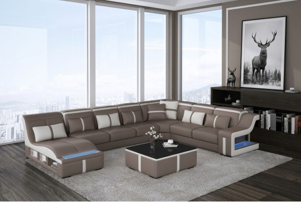 Ledersofa Wohnlandschaft Ecksofa Garnitur Design Modern Sofa U-Form mit USB Neu