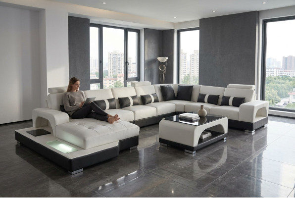 Leder Sofa mit USB Moderne Sitz Couch Polster Eck Couchen Wohnlandschaft + Tisch