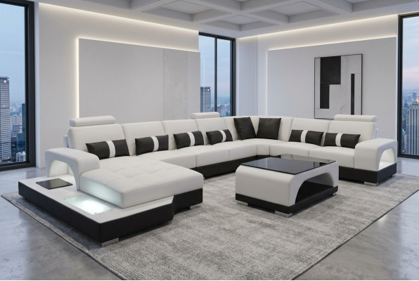 Leder Sofa mit USB Moderne Sitz Couch Polster Eck Couchen Wohnlandschaft + Tisch